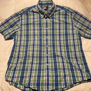 Tommy Hilfiger Men's Blue and Green Checkered Shirt